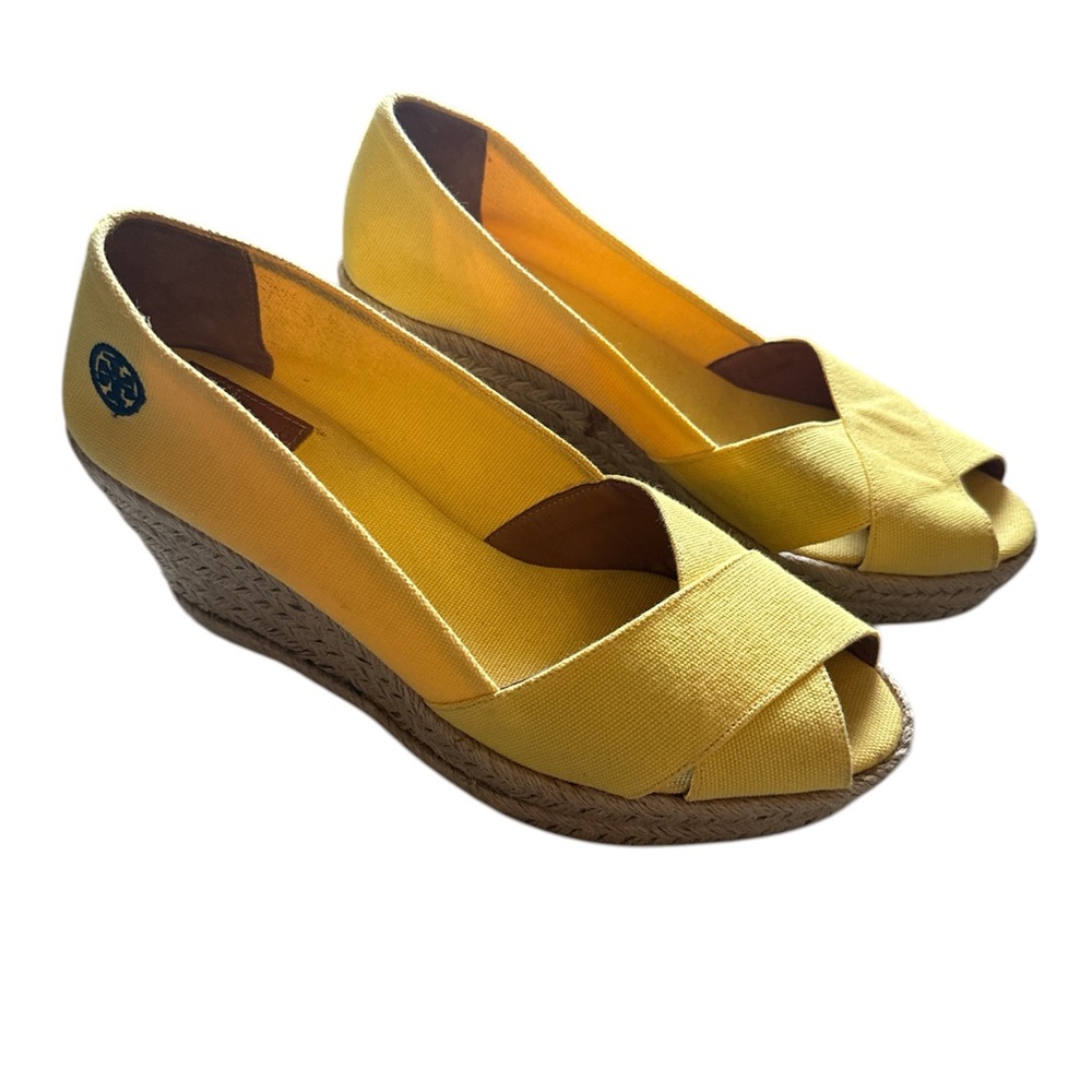🌼 Tory Burch Canvas Yellow Espadrille Wedge Sandals – Size 10 – Made in Spain